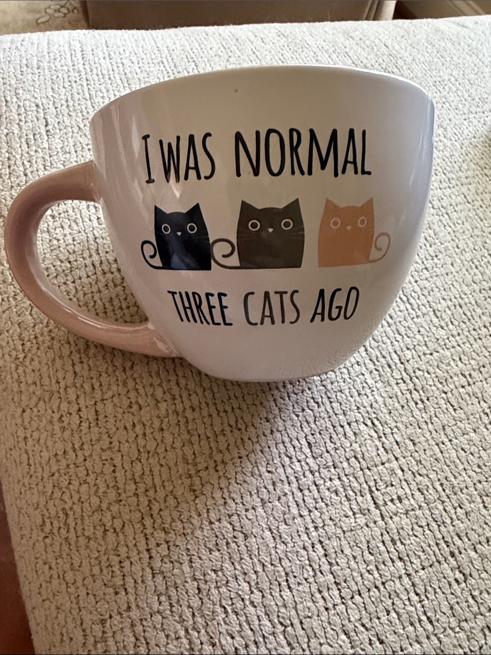 Ceramic Cat Mug with Pink Handle - I Was Normal Three Cats Ago